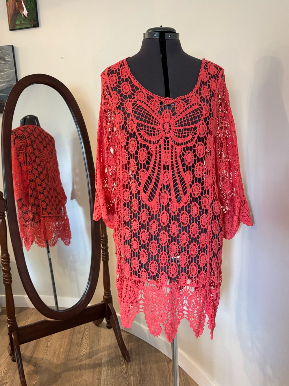 Crochet Overlay Tunic with Butterfly Motif - Coral